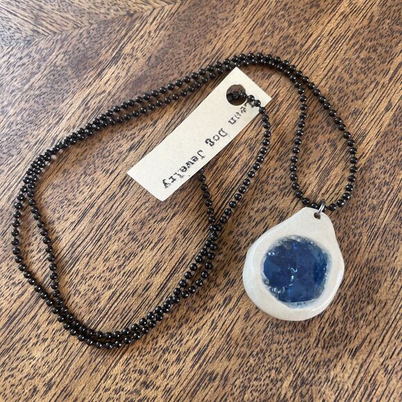 Cobalt Blue Glass + Ceramic Pendant Handmade Art Necklace Chunky Round Unique - Picture 2 of 5